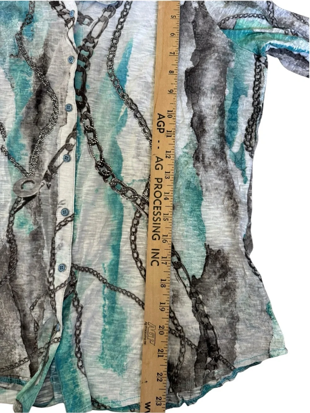 David Cline M Chain Print Rhinestone Button Down Shirt Turquoise Gray USA